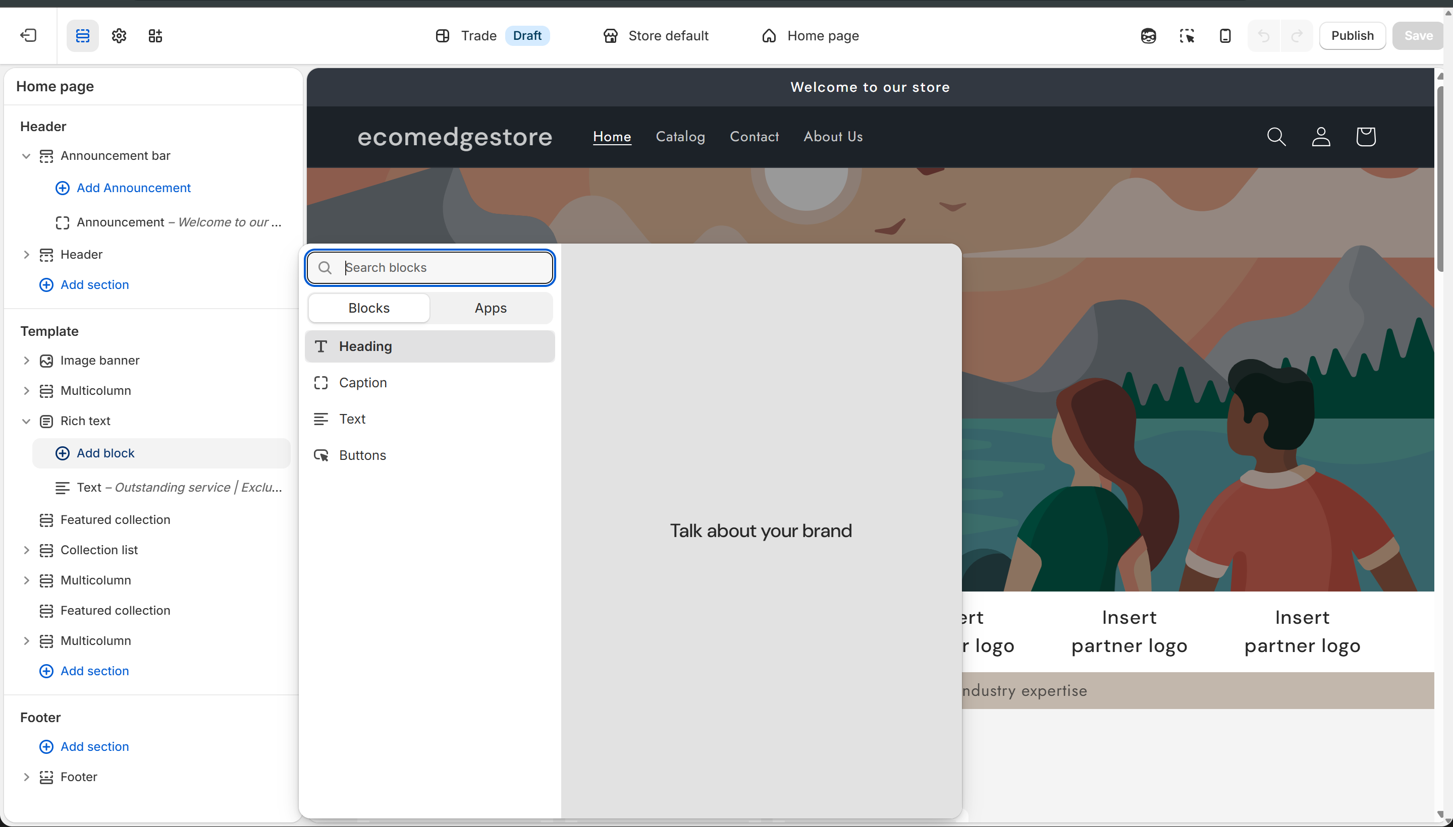 Add block modal — Heading, Caption, Text, Buttons